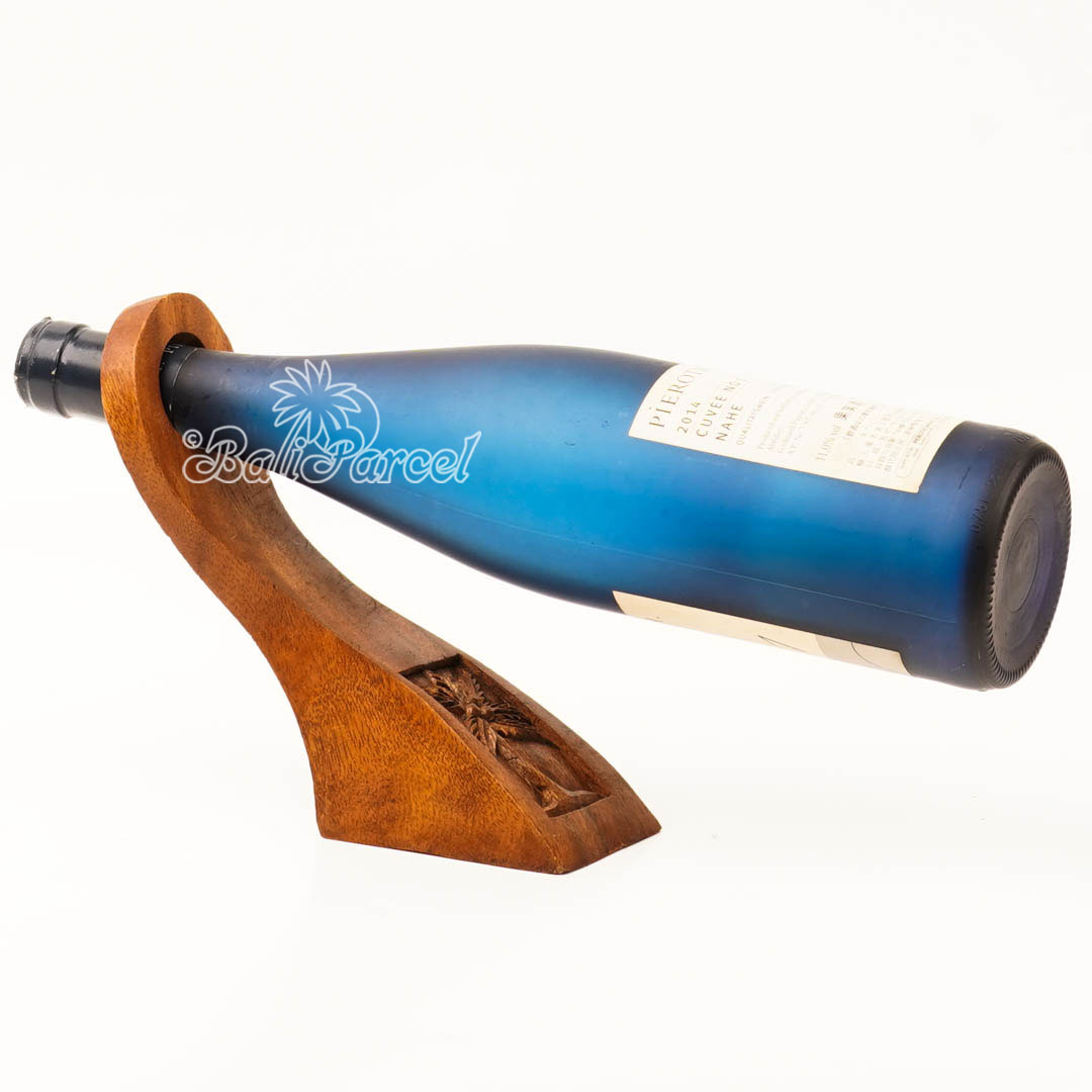 Wooden Wine Bottle Holder With Coconut Tree Carving, Handcarved From Suar Wood