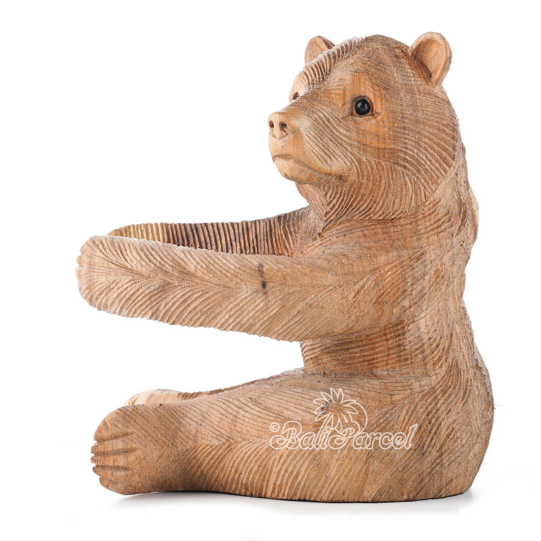 Wooden Bear Wine Bottle Holder, Handmade From Suar Wood