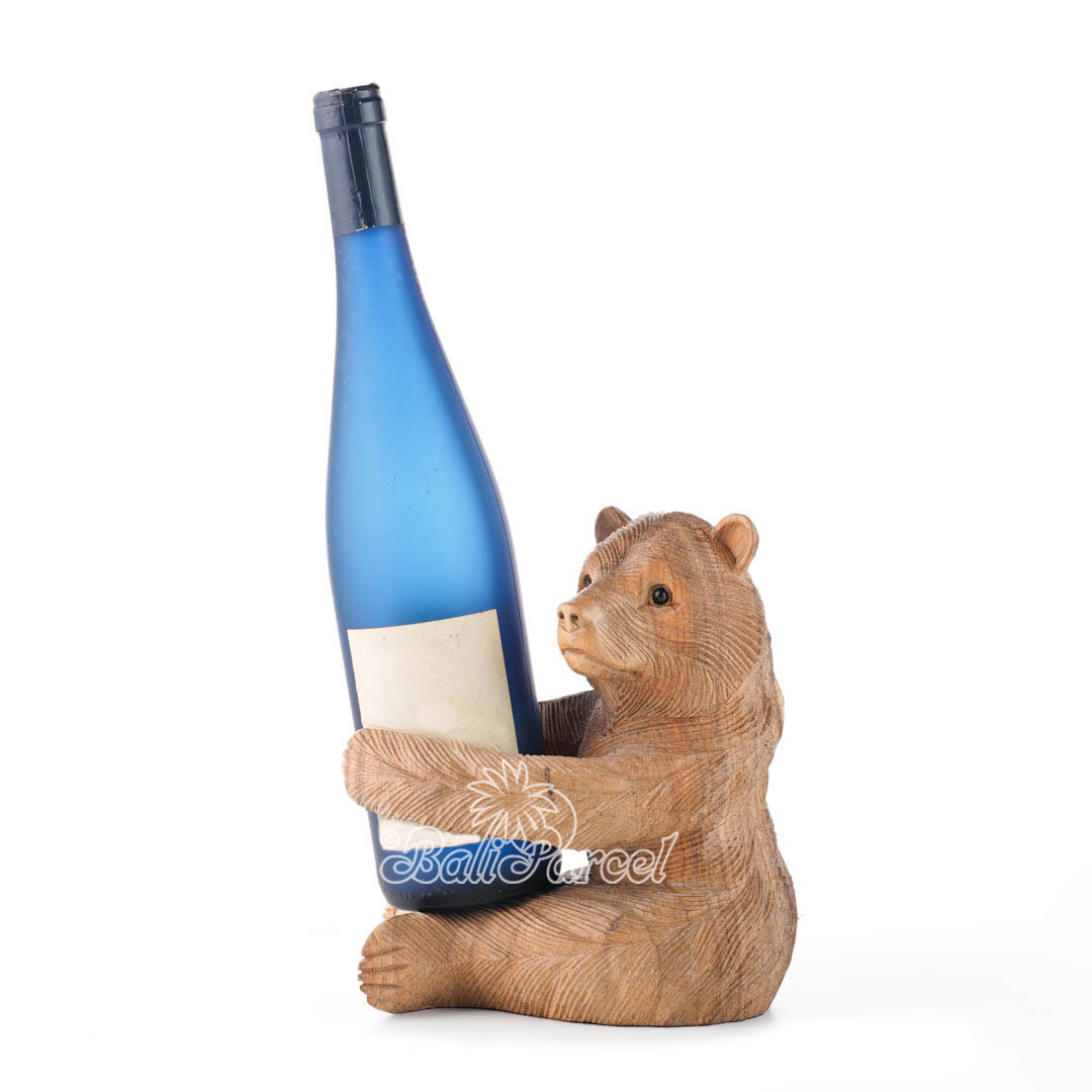 Wooden Bear Wine Bottle Holder, Handmade From Suar Wood
