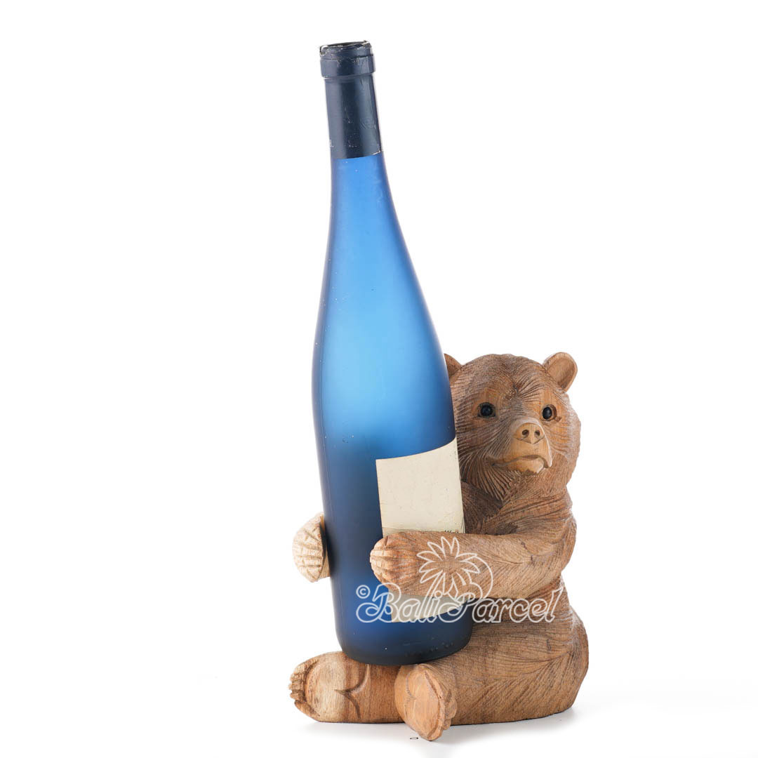 Wooden Bear Wine Bottle Holder, Handmade From Suar Wood