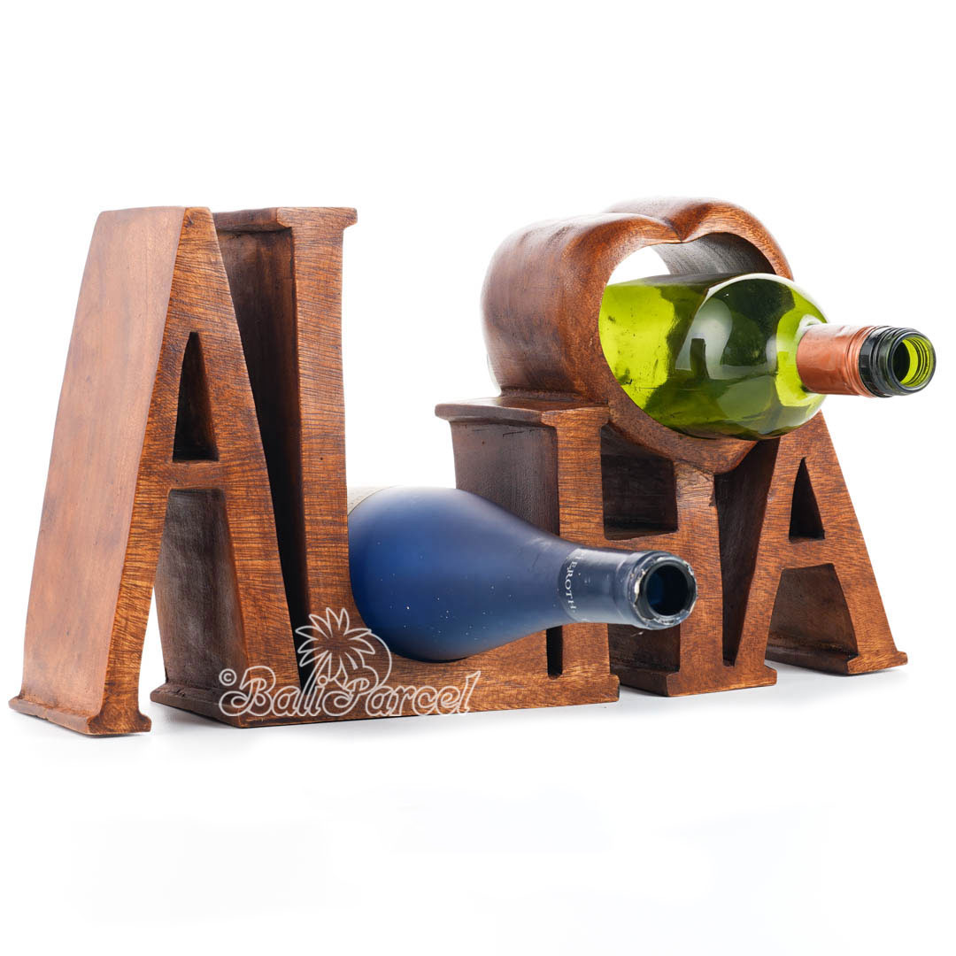 Wooden Aloha Wine Bottle Holder, Handmade From Suar Wood