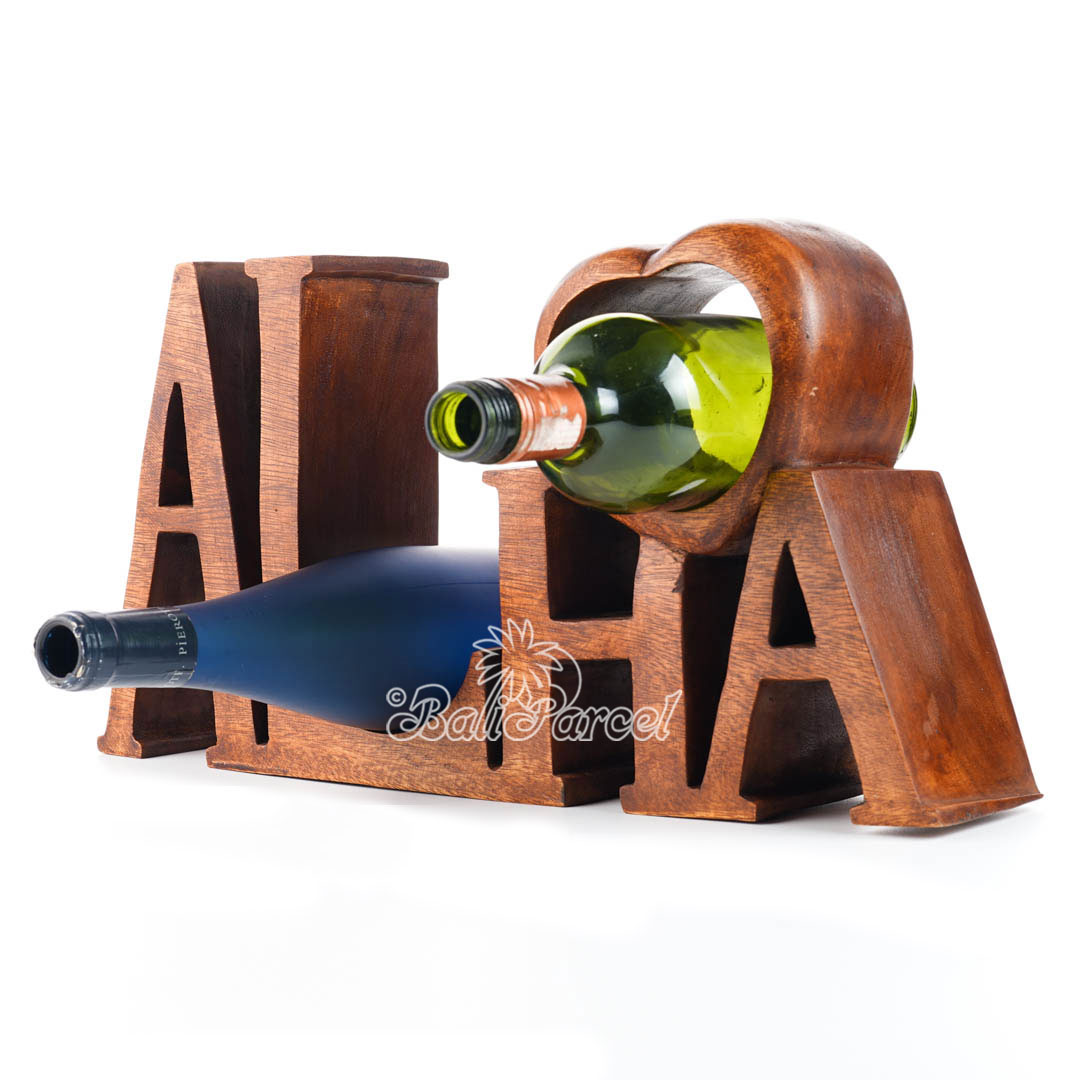 Wooden Aloha Wine Bottle Holder, Handmade From Suar Wood
