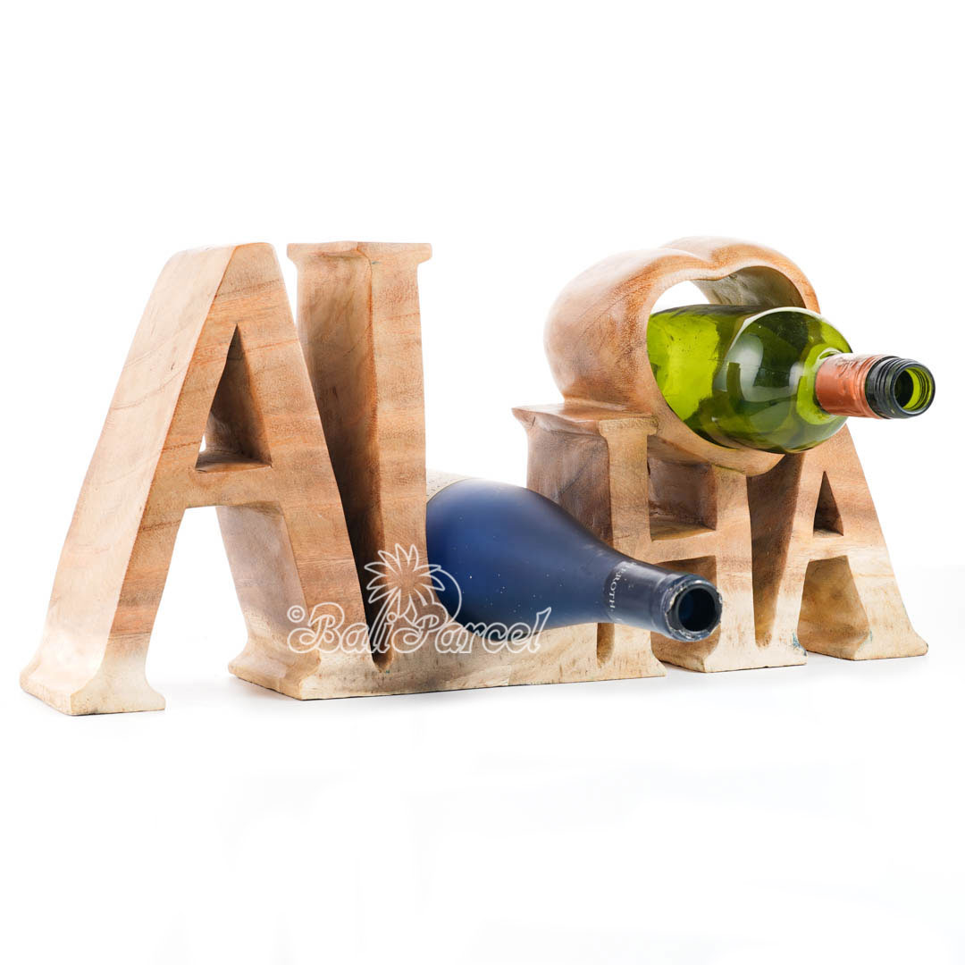 Wooden Aloha Wine Bottle Holder, Handmade From Suar Wood