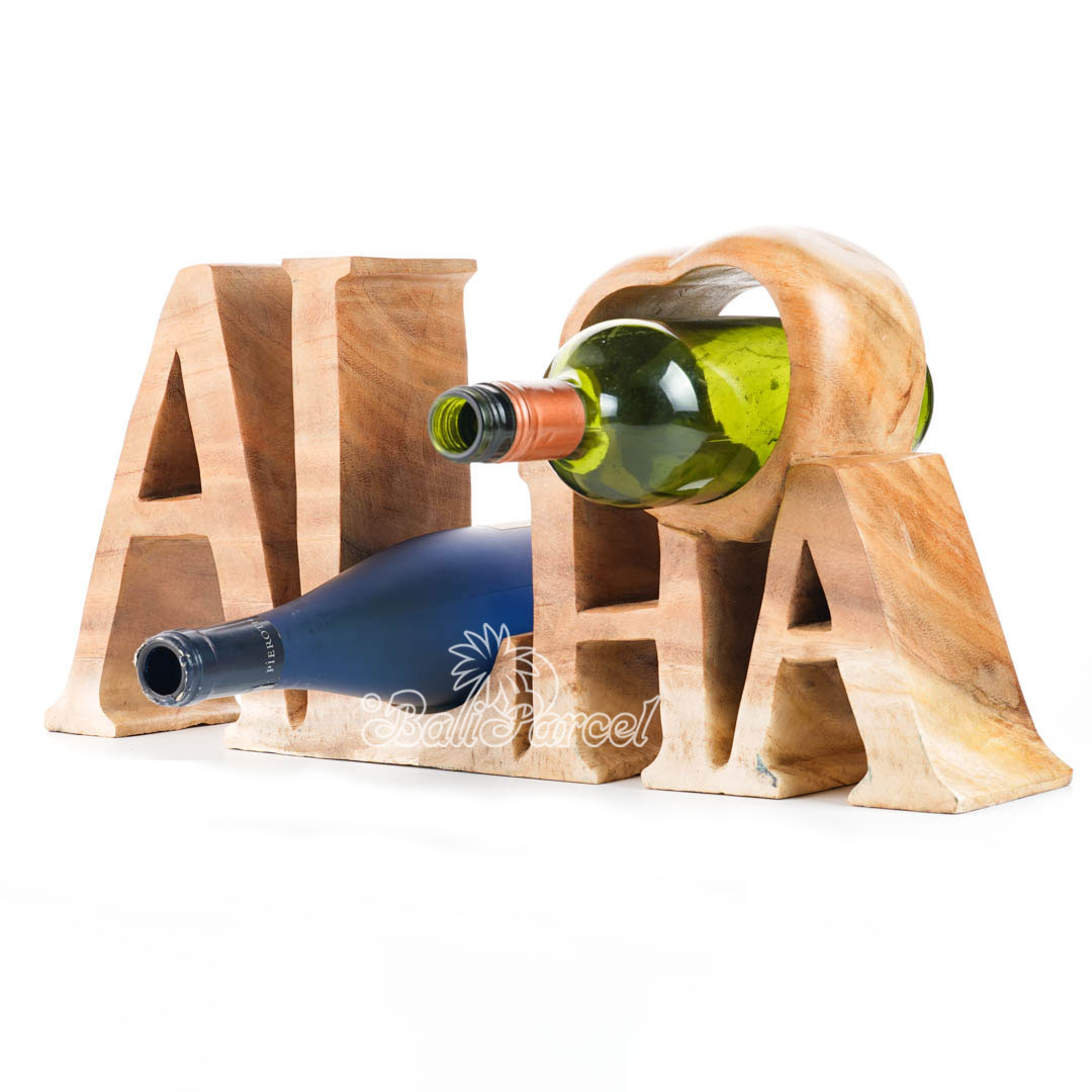 Wooden Aloha Wine Bottle Holder, Handmade From Suar Wood