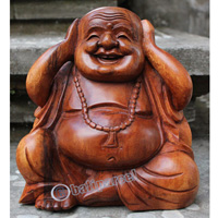 Wooden Buddha Happy, Hand Carved From Suar Wood