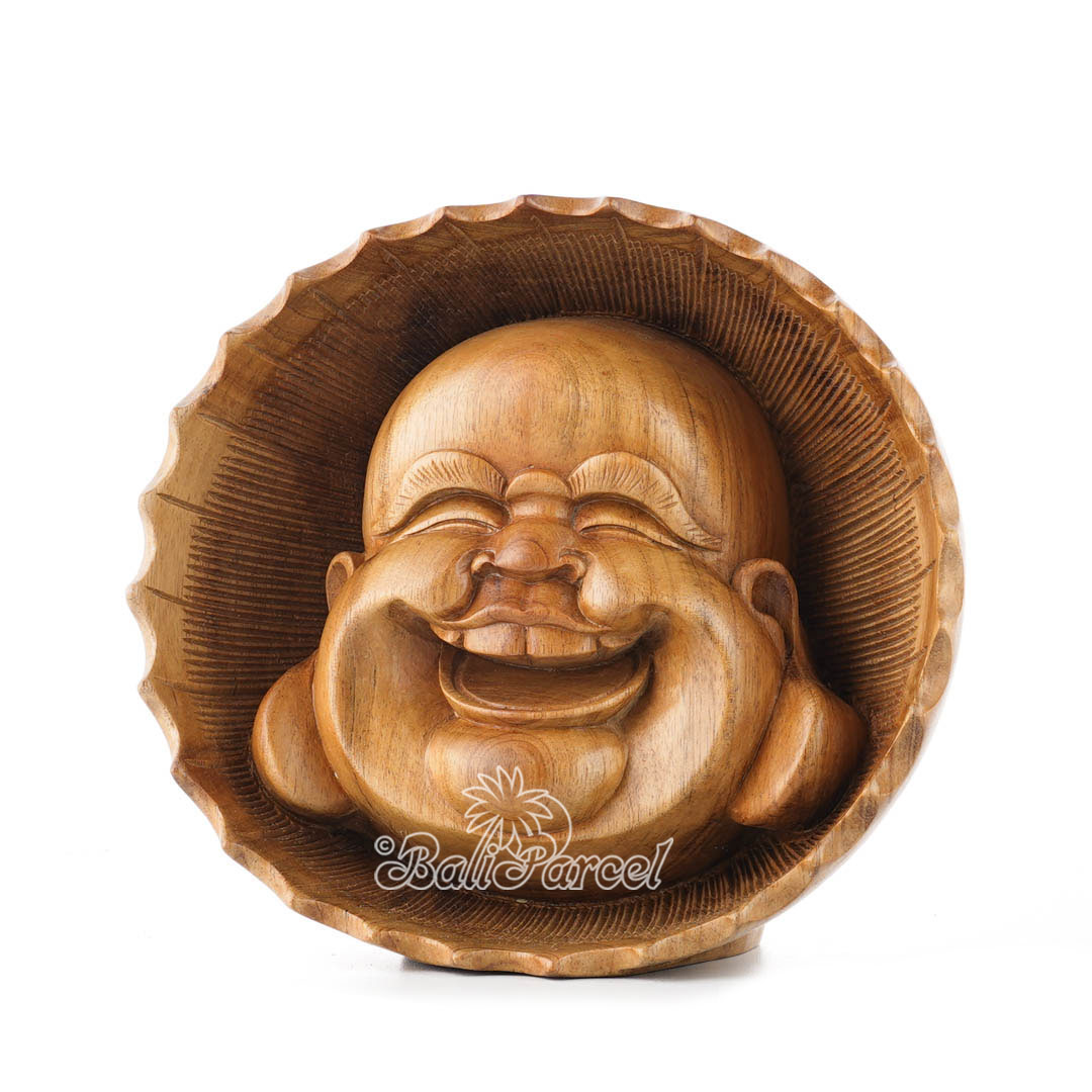 Wooden Happy Buddha Head, Handmade From Suar Wood