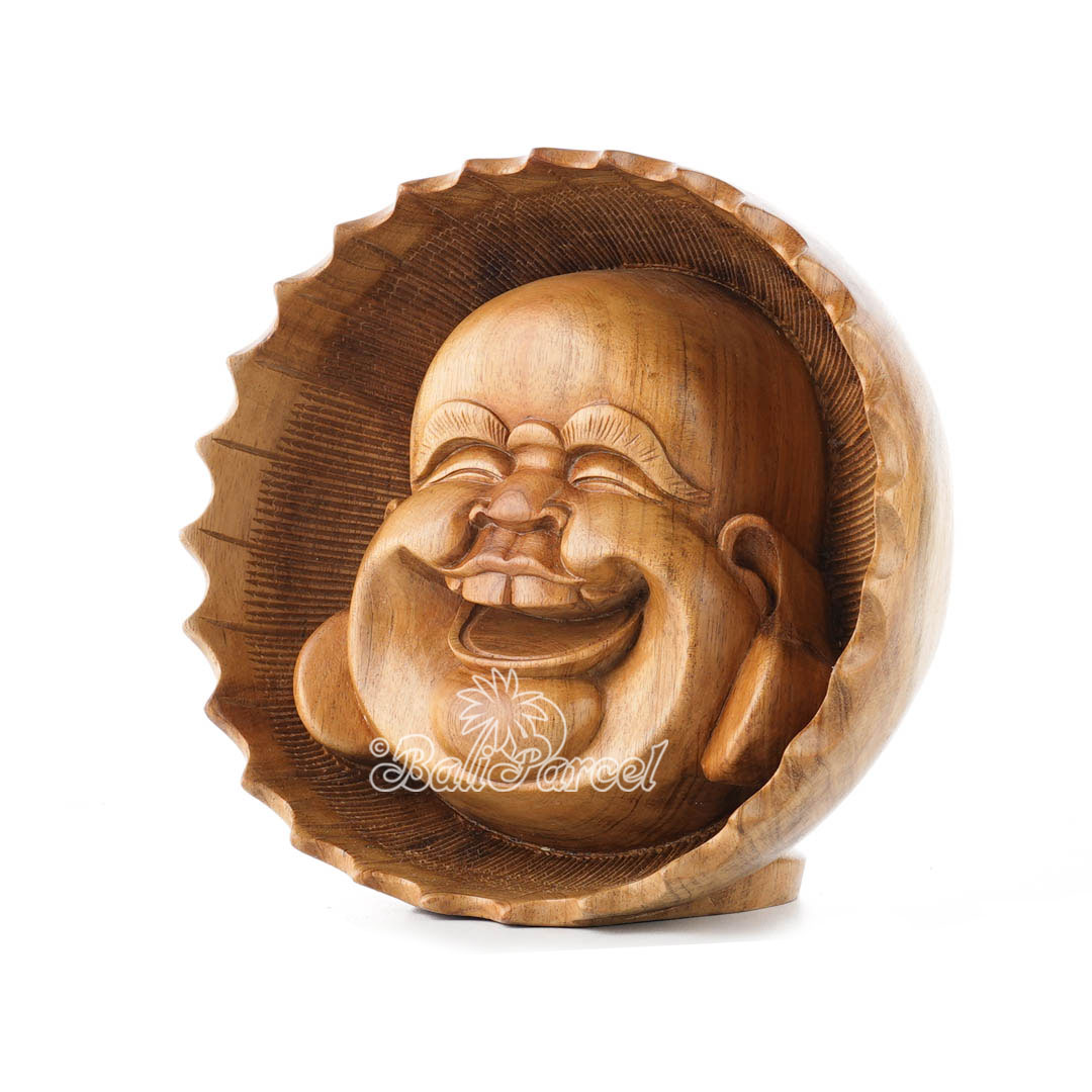 Wooden Happy Buddha Head, Handmade From Suar Wood