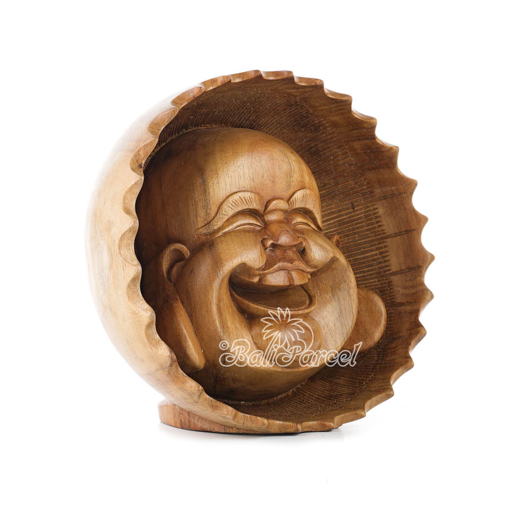 Wooden Happy Buddha Head, Handmade From Suar Wood