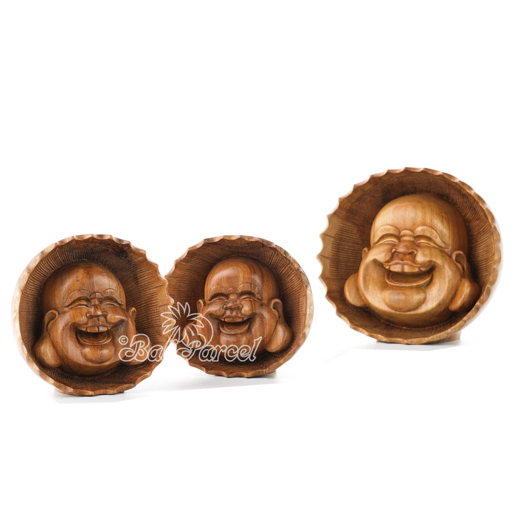 Wooden Happy Buddha Head, Handmade From Suar Wood