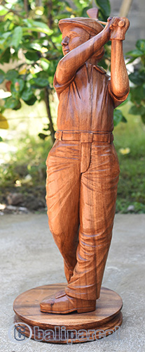 Wooden Statue Of Golfer, Handcrafted From Suar Wood