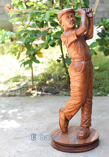 Wooden Statue Of Golfer, Handcrafted From Suar Wood