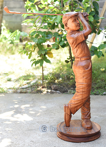 Wooden Statue Of Golfer, Handcrafted From Suar Wood