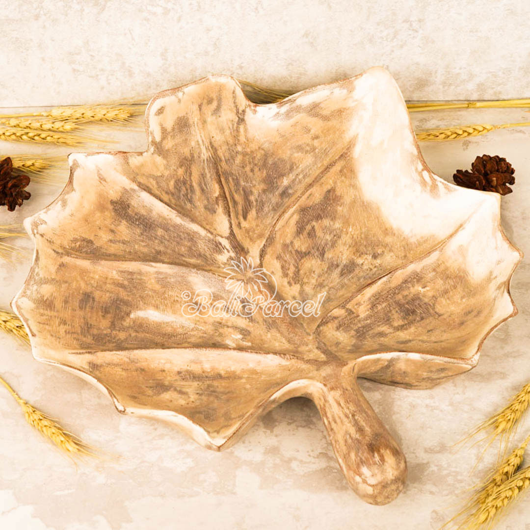 Wooden Fruit Basket Shaped Leaf, Handmade From Hibiscus Wood