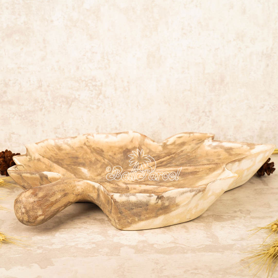 Wooden Fruit Basket Shaped Leaf, Handmade From Hibiscus Wood