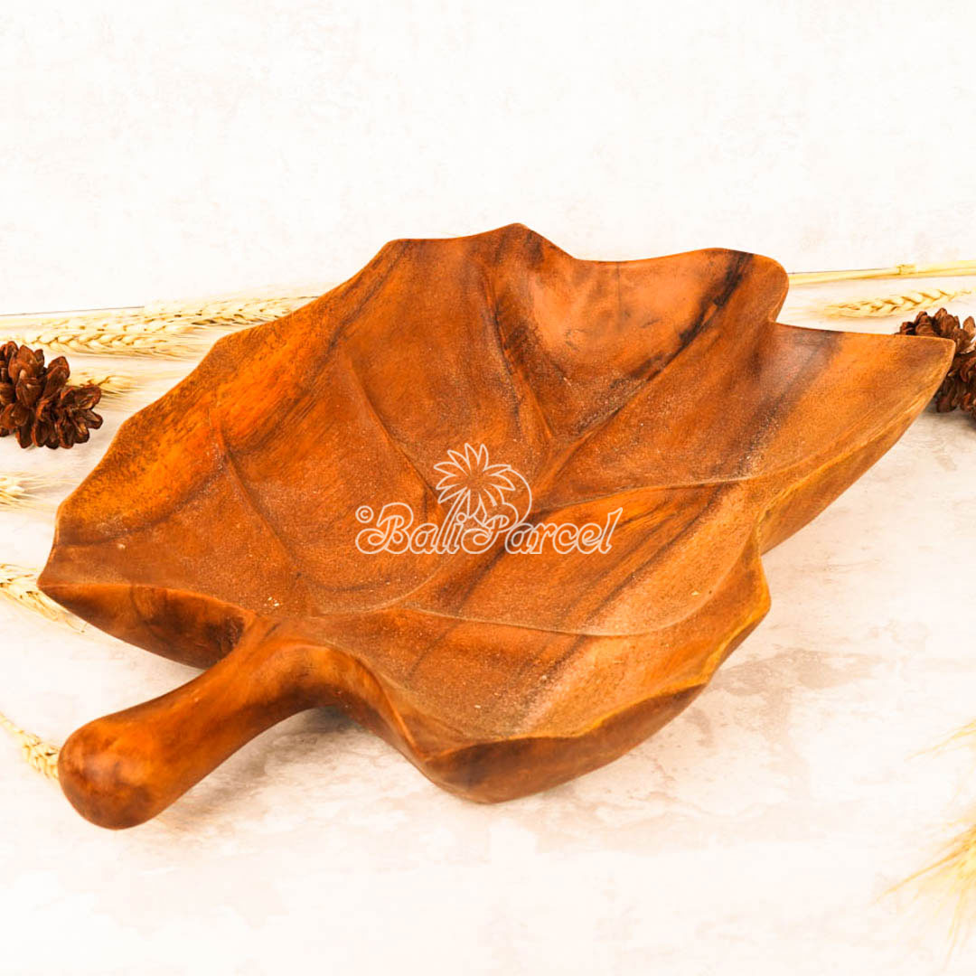 Wooden Fruit Basket Shaped Leaf, Handmade From Hibiscus Wood