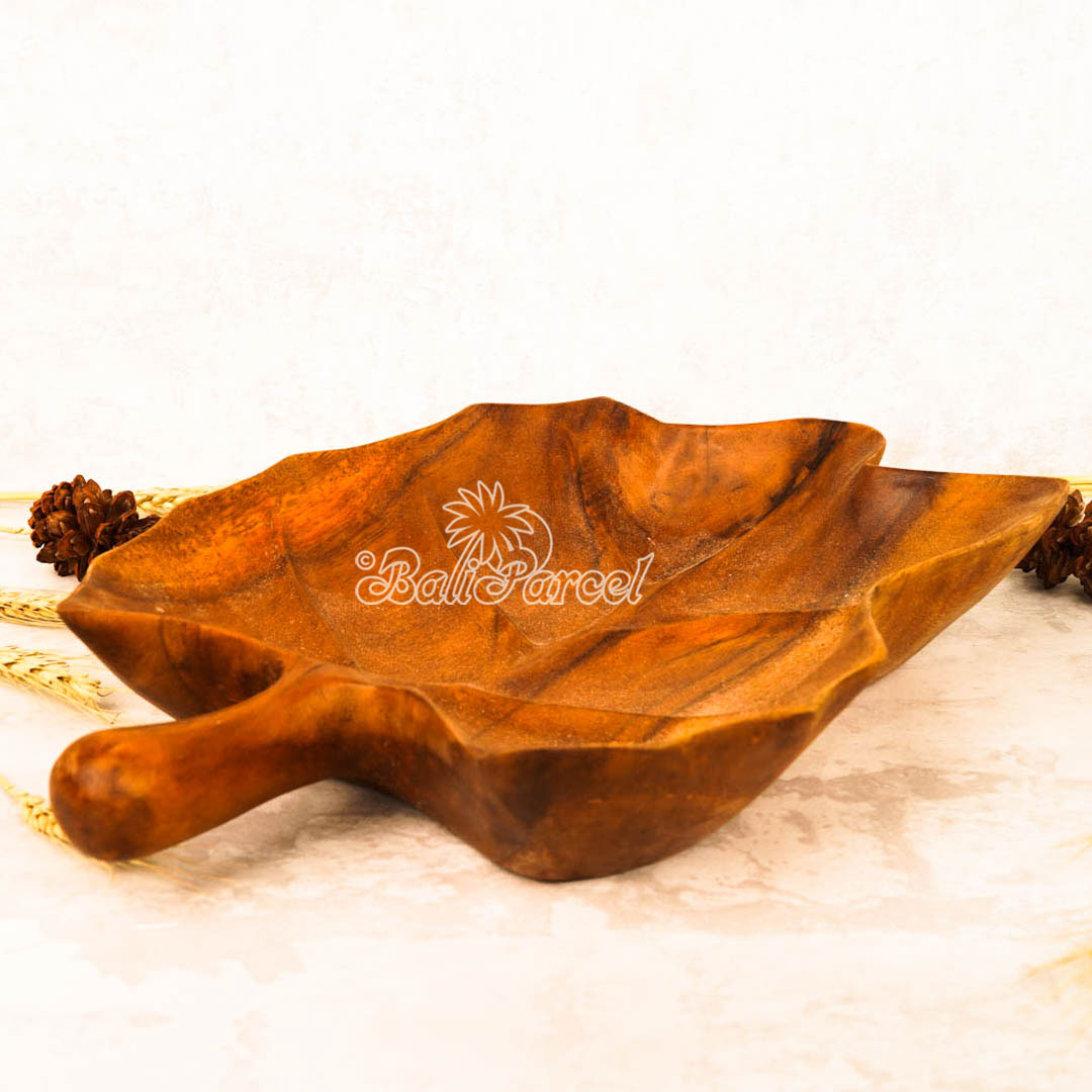 Wooden Fruit Basket Shaped Leaf, Handmade From Hibiscus Wood
