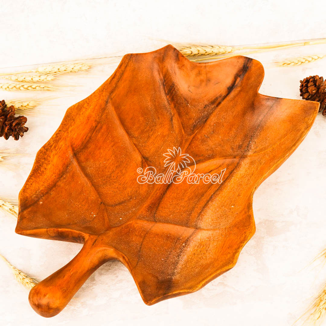Wooden Fruit Basket Shaped Leaf, Handmade From Hibiscus Wood
