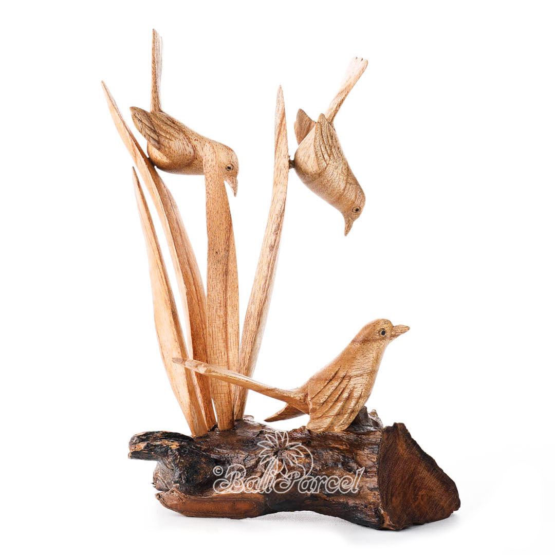 Wooden 3 Canary Bird On Plant With Parasite Wood Natural Polished