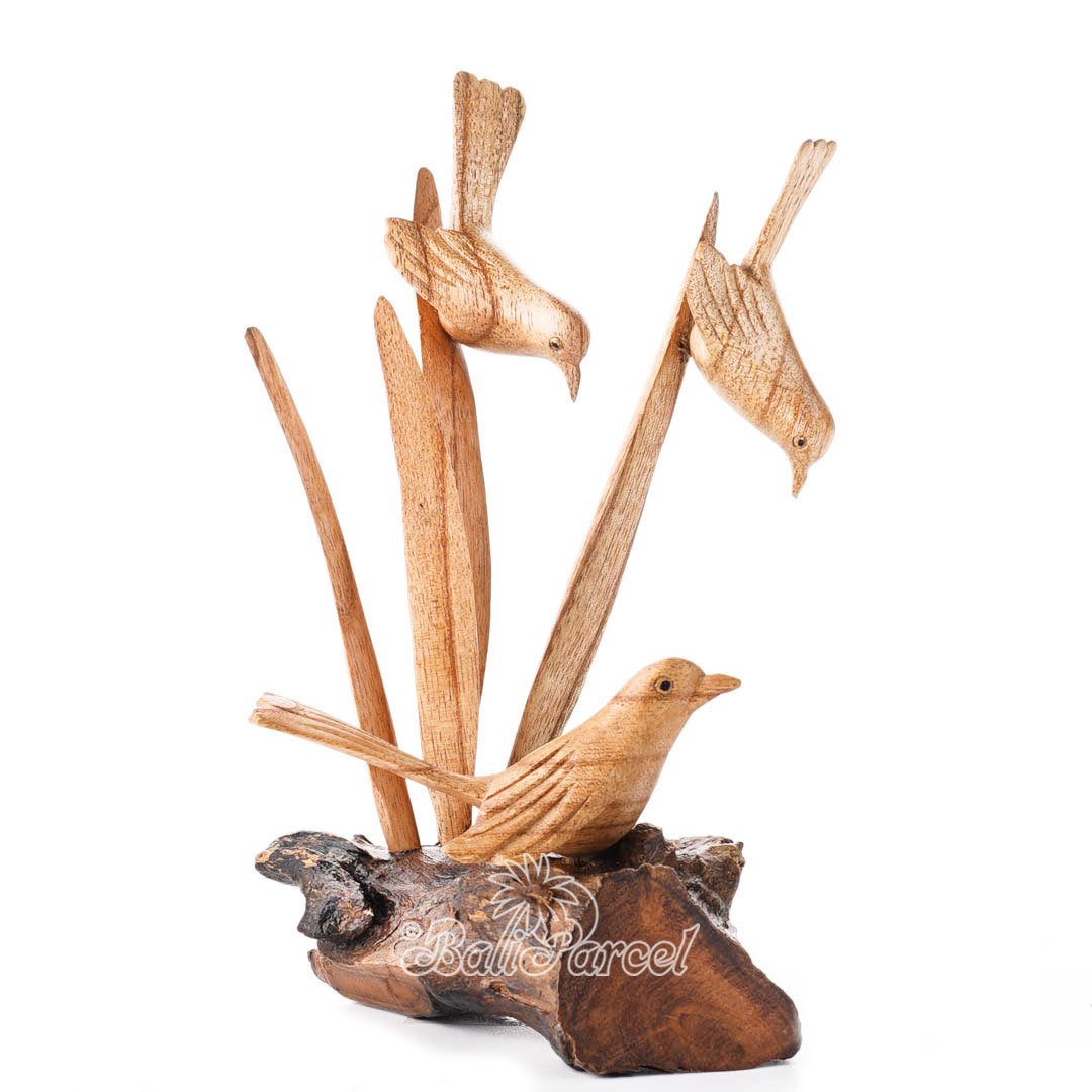 Wooden 3 Canary Bird On Plant With Parasite Wood Natural Polished