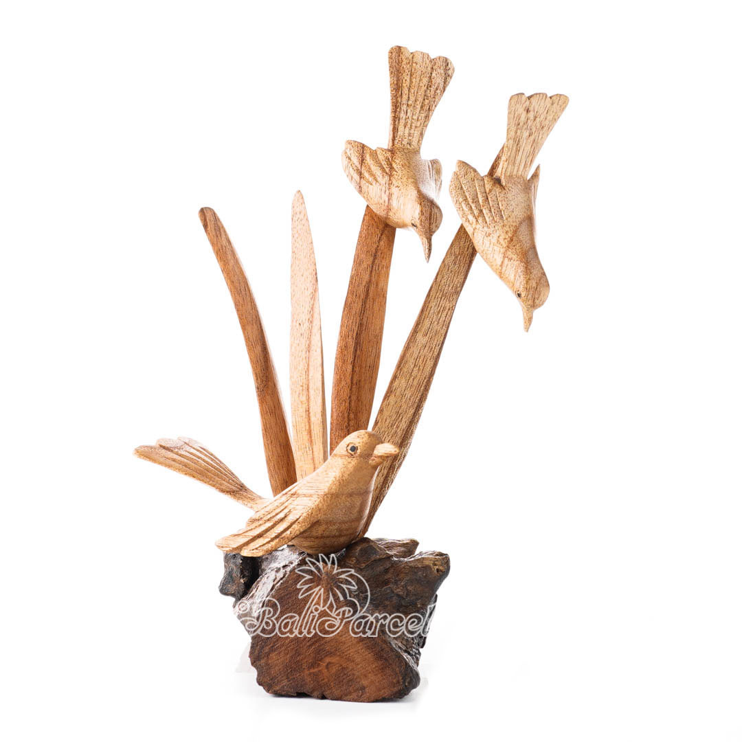 Wooden 3 Canary Bird On Plant With Parasite Wood Natural Polished