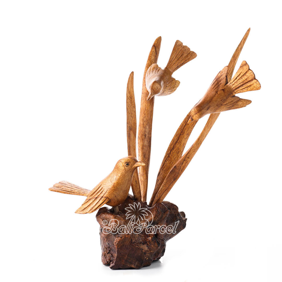 Wooden 3 Canary Bird On Plant With Parasite Wood Natural Polished