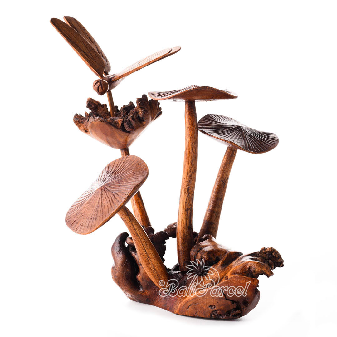 Wooden Dragonfly On Parasite With Mushrooms Wood Brown Polished