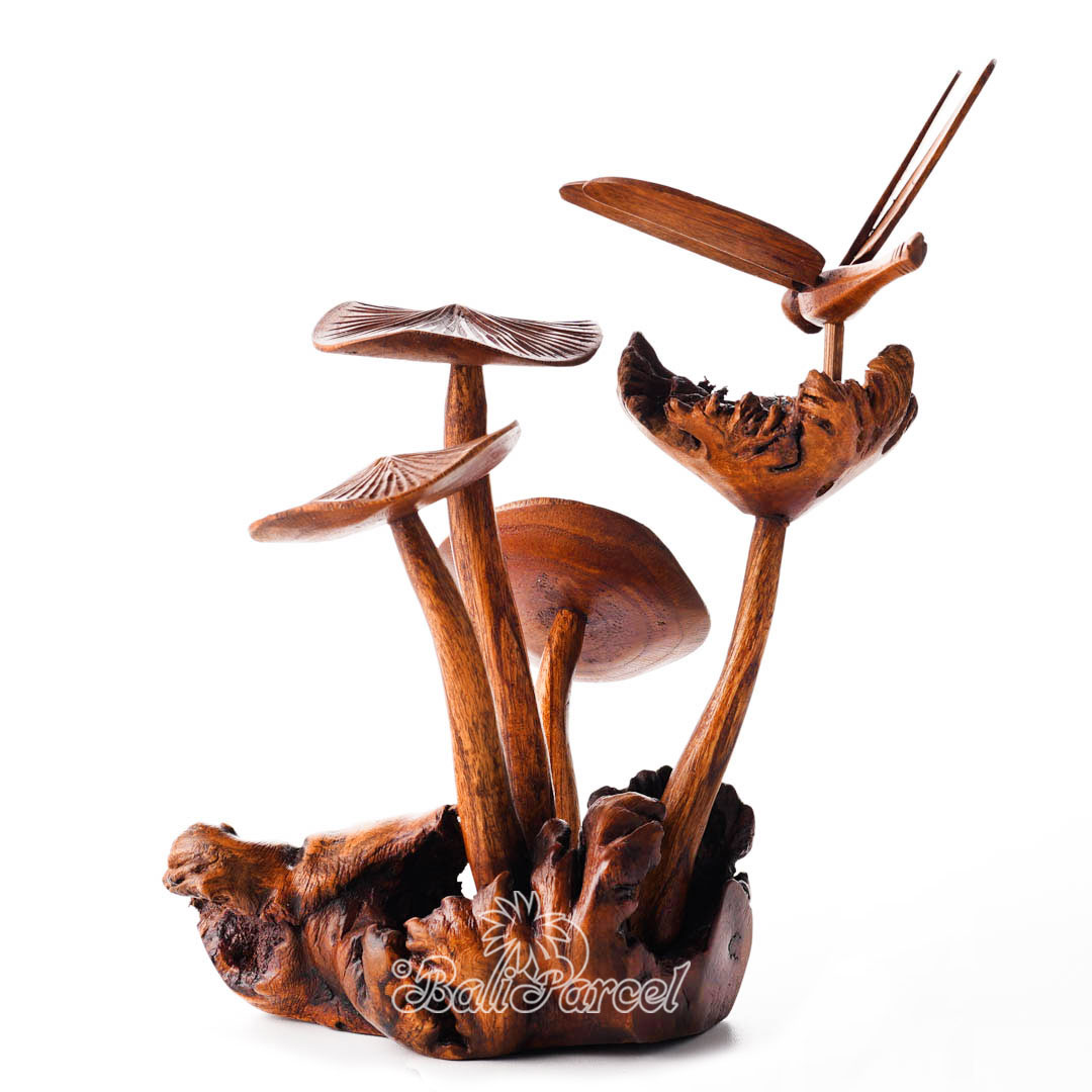 Wooden Dragonfly On Parasite With Mushrooms Wood Brown Polished