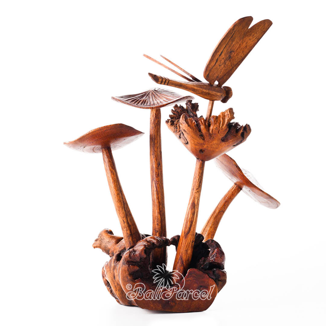 Wooden Dragonfly On Parasite With Mushrooms Wood Brown Polished
