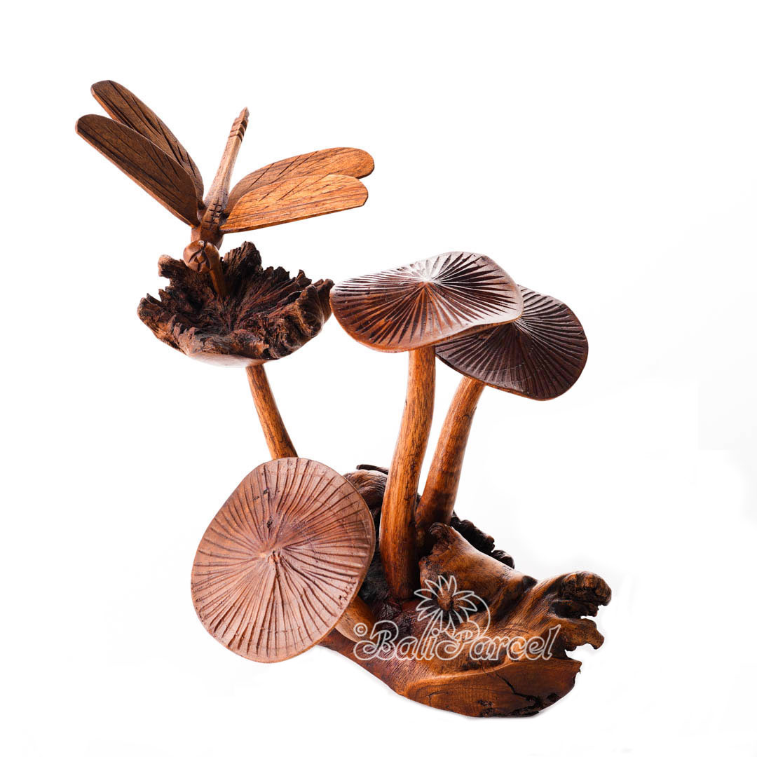 Wooden Dragonfly On Parasite With Mushrooms Wood Brown Polished