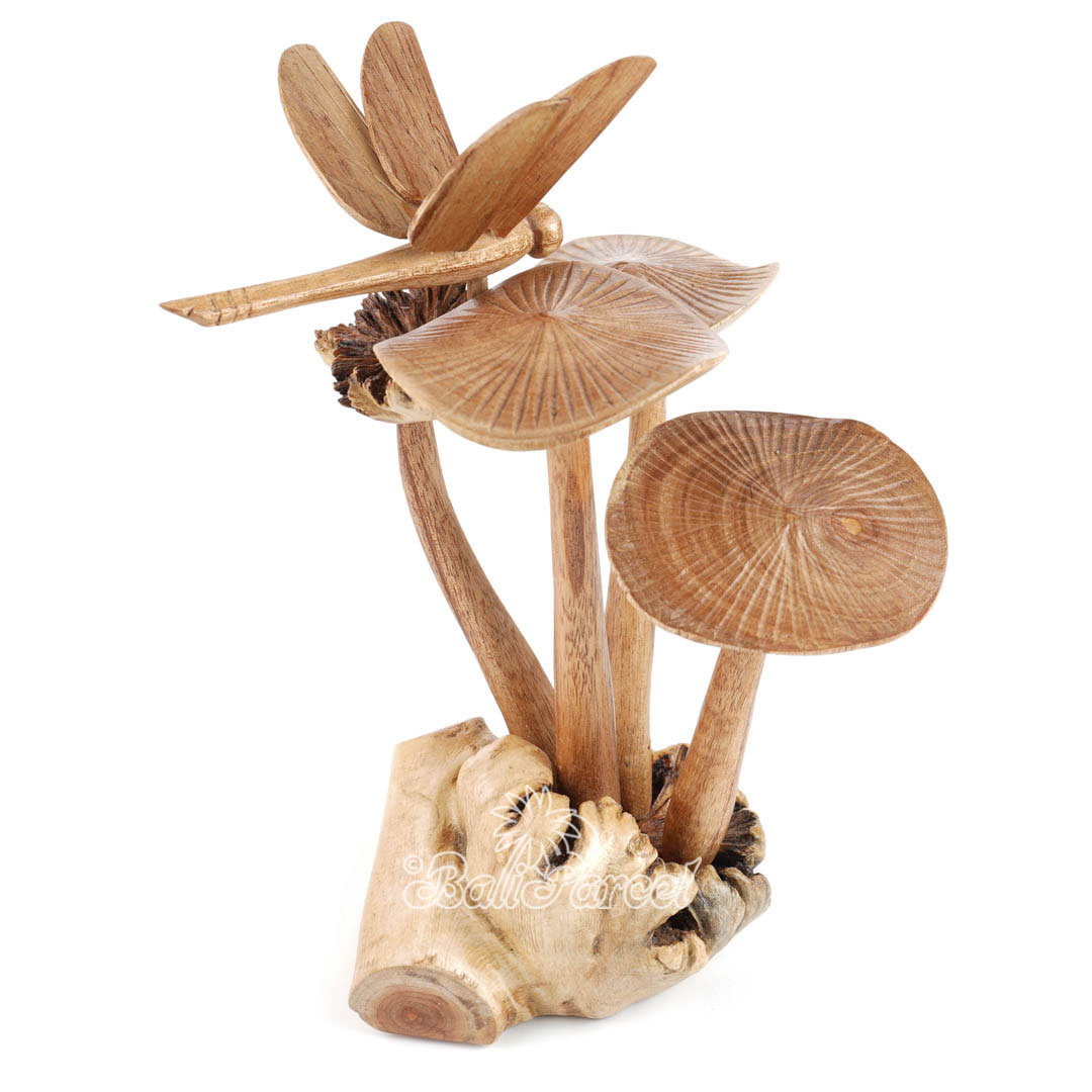 Wooden Dragonfly On Parasite With Mushrooms Wood Natural Polished