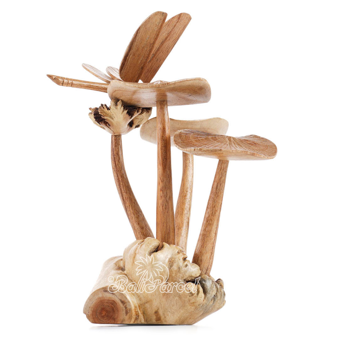 Wooden Dragonfly On Parasite With Mushrooms Wood Natural Polished