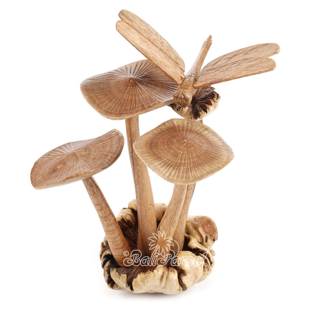 Wooden Dragonfly On Parasite With Mushrooms Wood Natural Polished