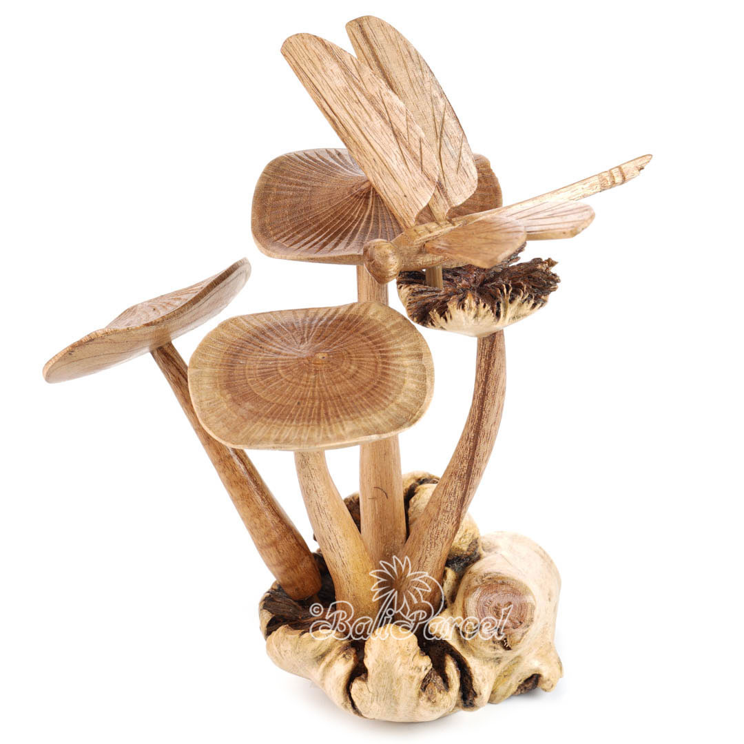 Wooden Dragonfly On Parasite With Mushrooms Wood Natural Polished