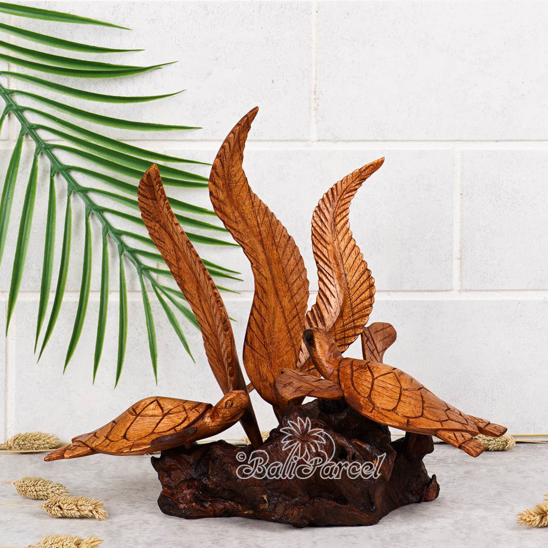 Wooden 2 Swimming Turtle On Sea With Parasite Wood