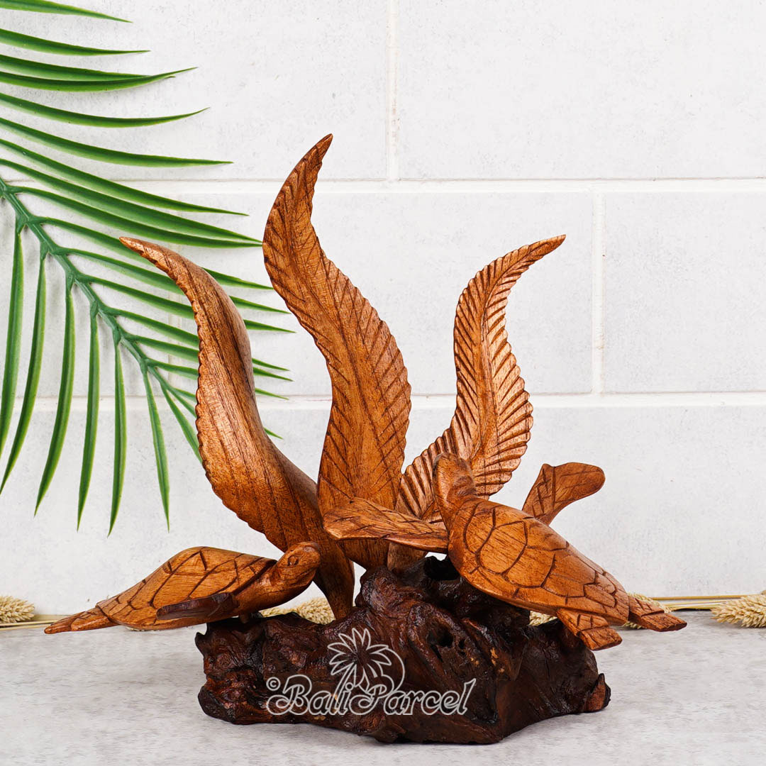 Wooden 2 Swimming Turtle On Sea With Parasite Wood
