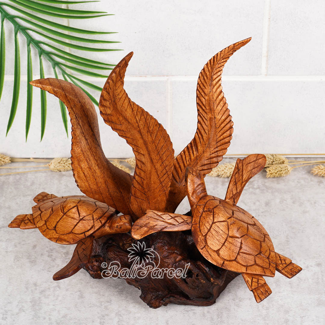 Wooden 2 Swimming Turtle On Sea With Parasite Wood