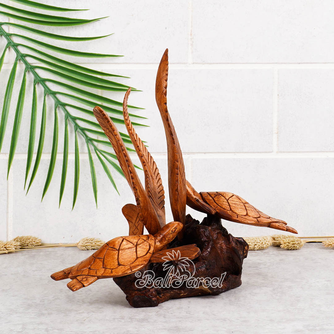 Wooden 2 Swimming Turtle On Sea With Parasite Wood