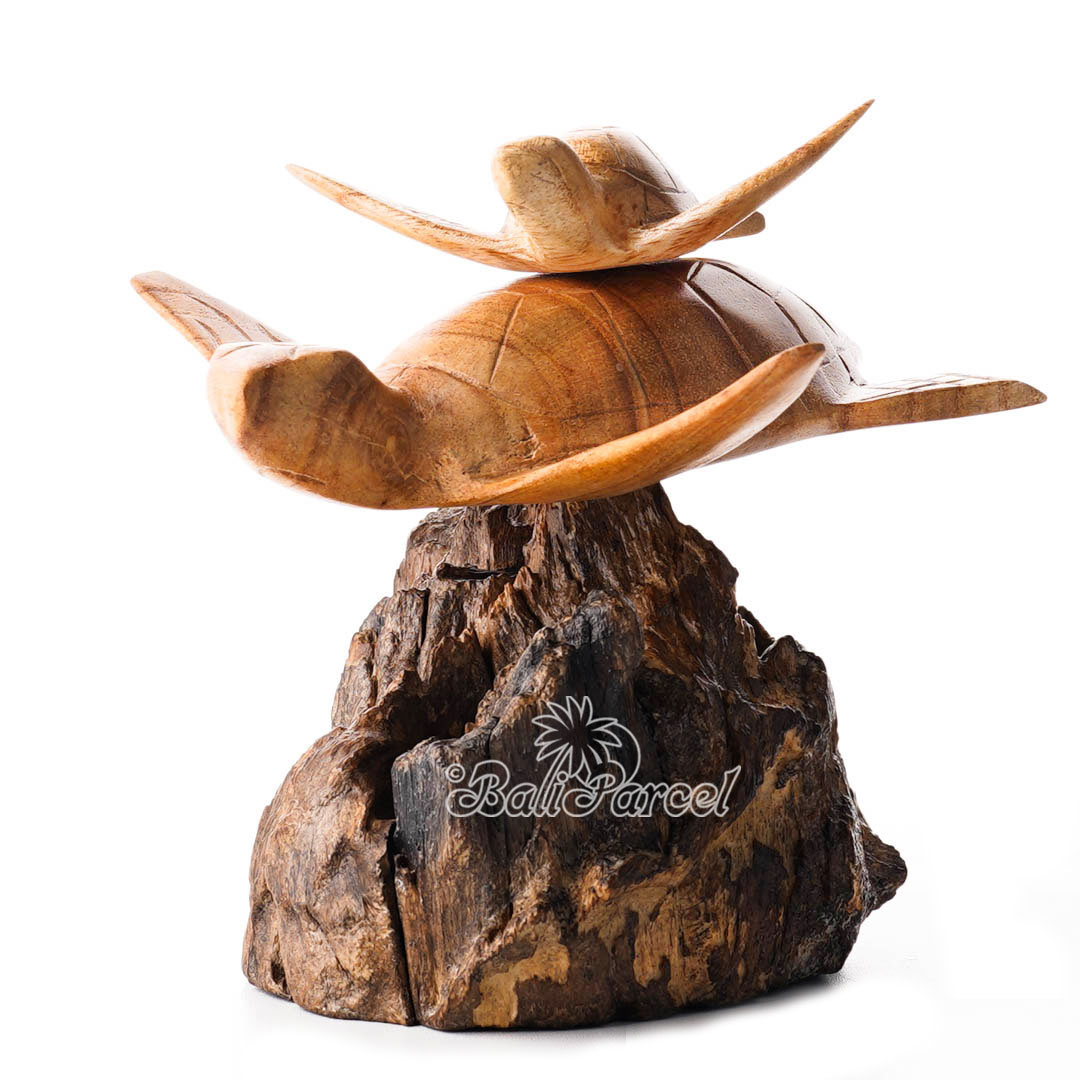 Wooden Turtle With Baby On Back With Parasite Wood