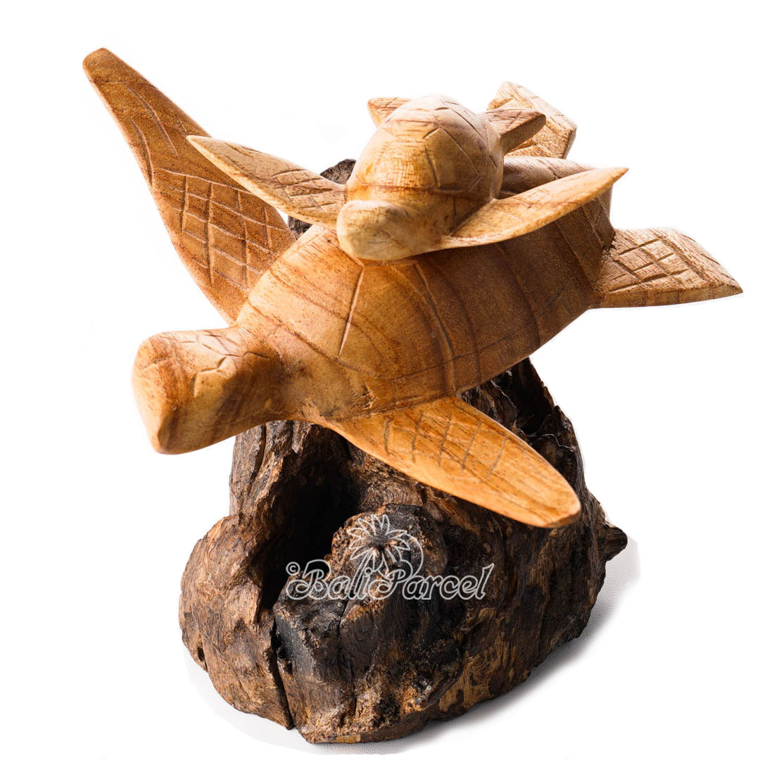 Wooden Turtle With Baby On Back With Parasite Wood