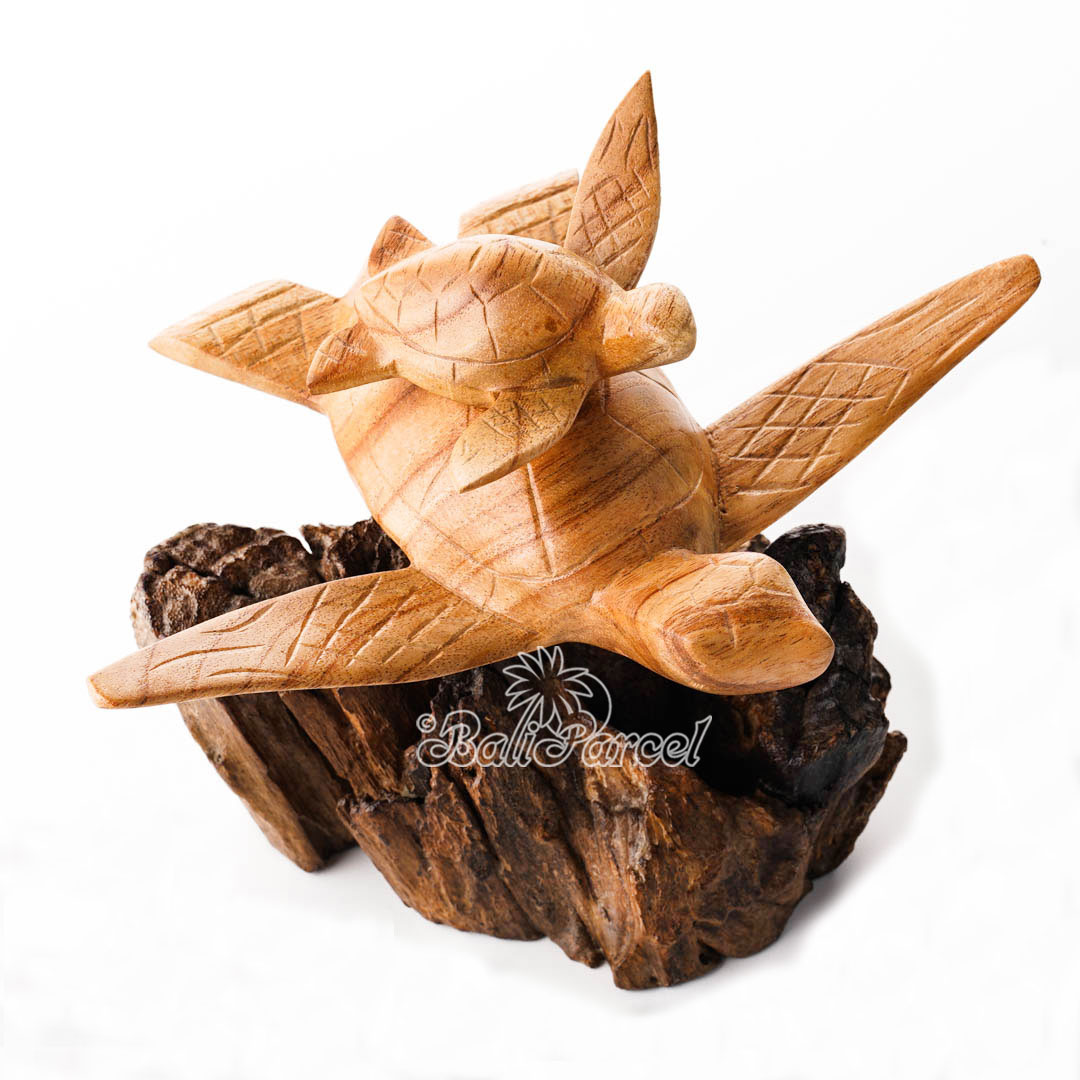 Wooden Turtle With Baby On Back With Parasite Wood
