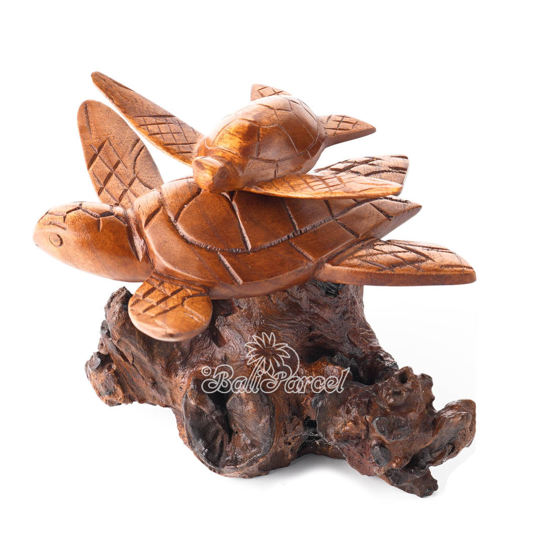 Wooden Turtle With Baby On Back With Parasite Wood