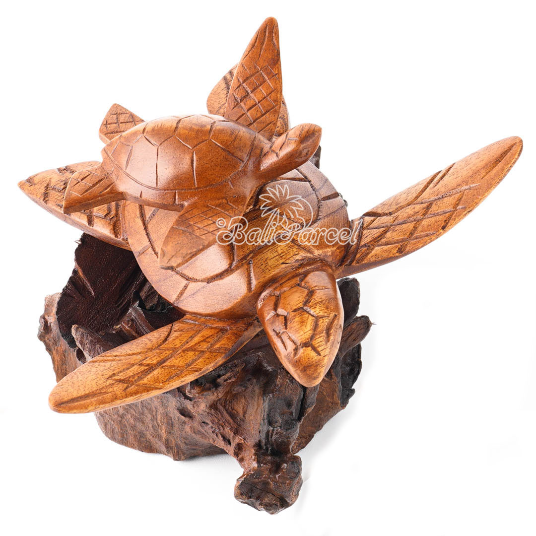 Wooden Turtle With Baby On Back With Parasite Wood