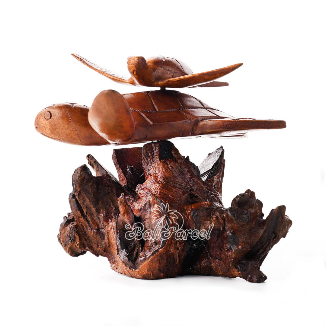Wooden Turtle With Baby On Back With Parasite Wood