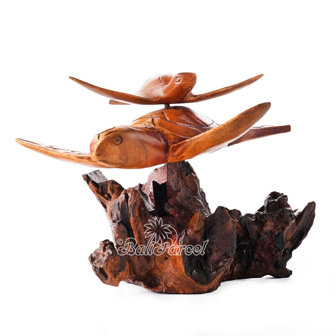 Wooden Turtle With Baby On Back With Parasite Wood
