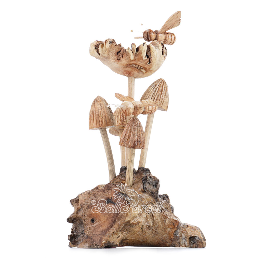 Wooden 2 Bee On Parasite With Mushrooms