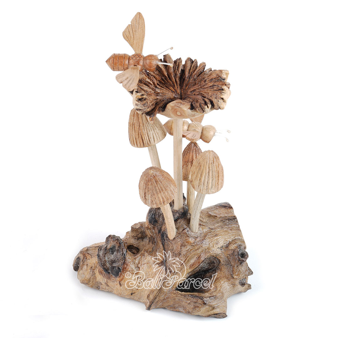Wooden 2 Bee On Parasite With Mushrooms