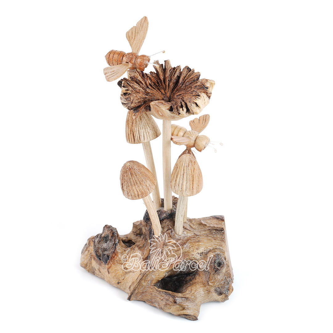 Wooden 2 Bee On Parasite With Mushrooms
