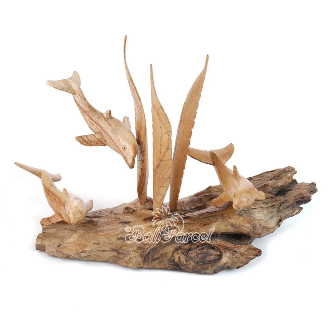 Wooden 3 Dolphins With Parasite Wood