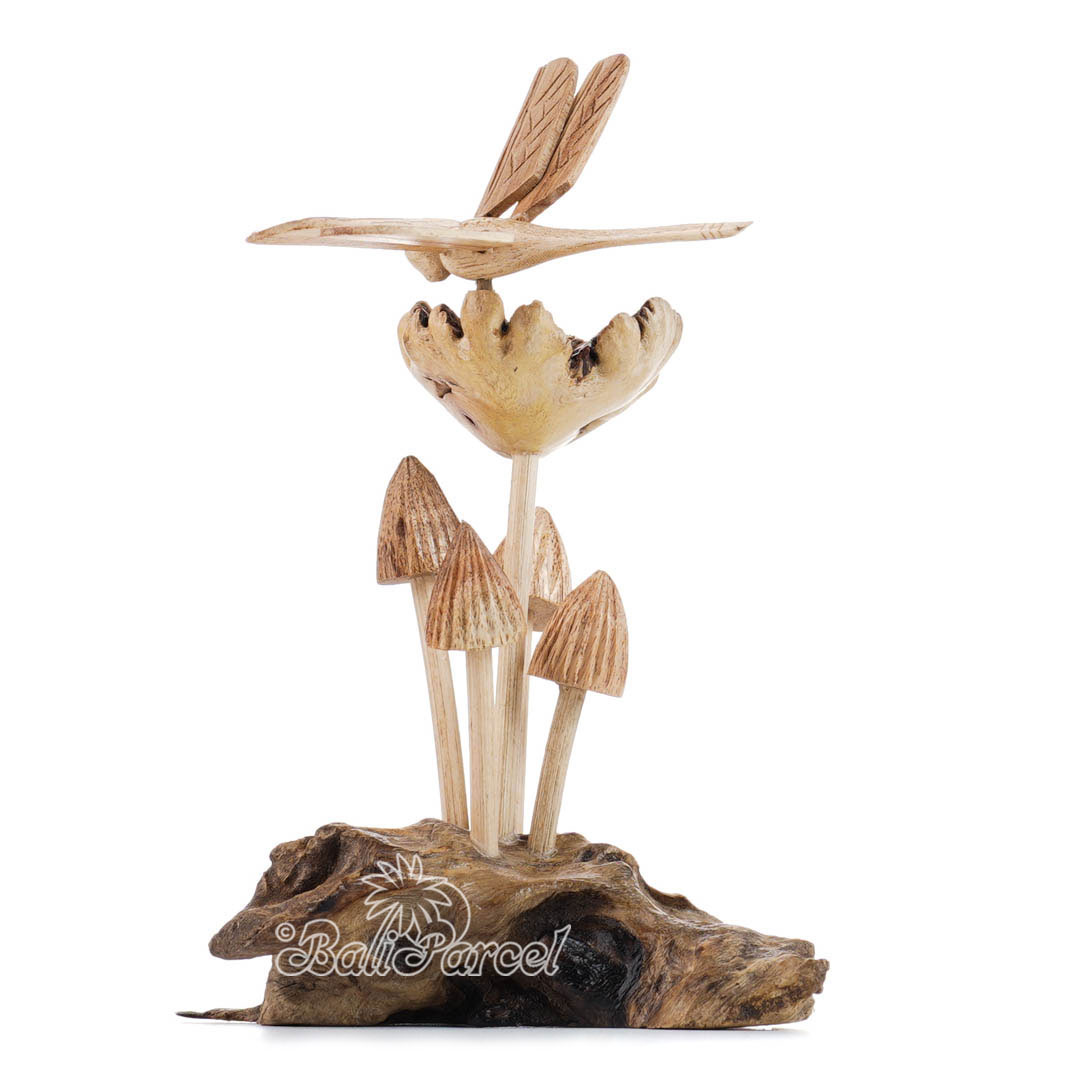 Wooden Dragonfly On Top Parasite With Mushrooms