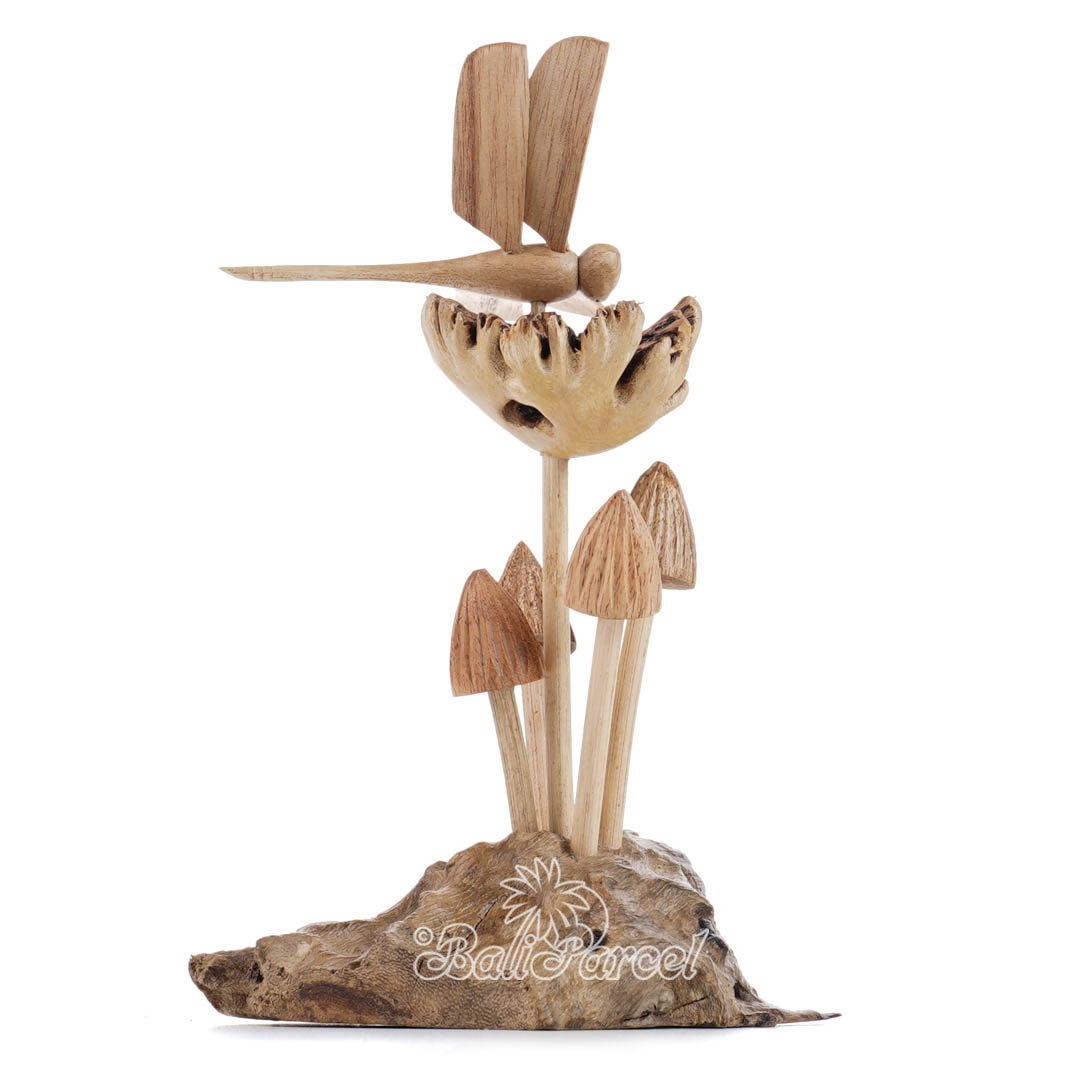 Wooden Dragonfly On Top Parasite With Mushrooms